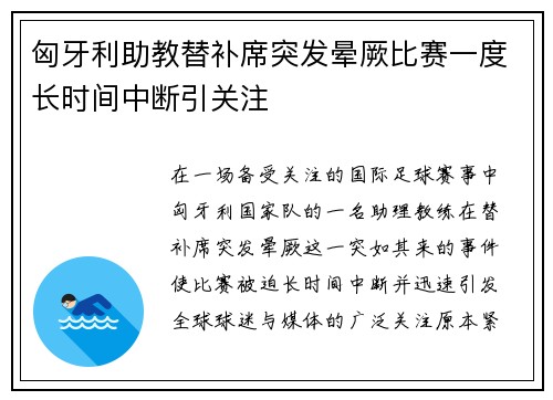 匈牙利助教替补席突发晕厥比赛一度长时间中断引关注